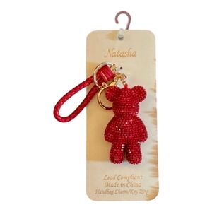 ❤️🔹️ Natasha🔹️  Red Bling Bear Figure Faux Leather Strap Keychain Bag Charm